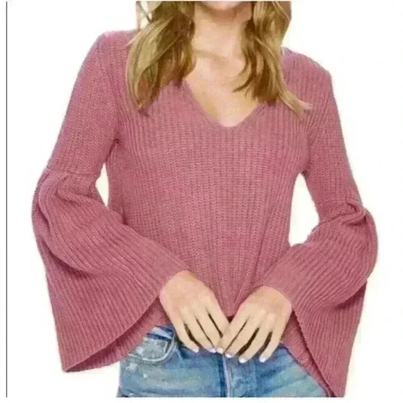 Free People Rose Pink Damsel Bell Sleeve Cotton Vneck Knitted Sweater,Size M - Picture 3 of 6